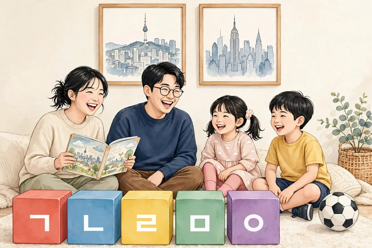엄마아빠와 한글 블록 놀이를 하는 가족